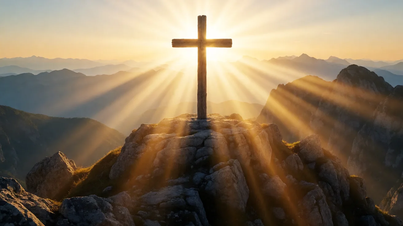 Wooden cross on a rugged mountaintop, brilliant golden divine light of Christ radiating behind the wooden cross