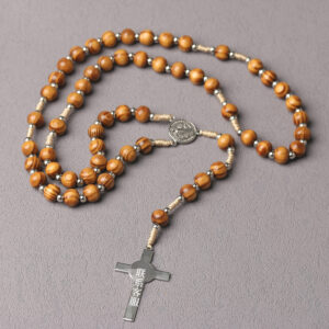 Natural Wood Bead Cross Rosary Necklace